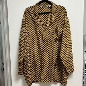 Perry Ellis Silk Pajama Geometric Print Shirt in Gold, Brown & Light Blue XL